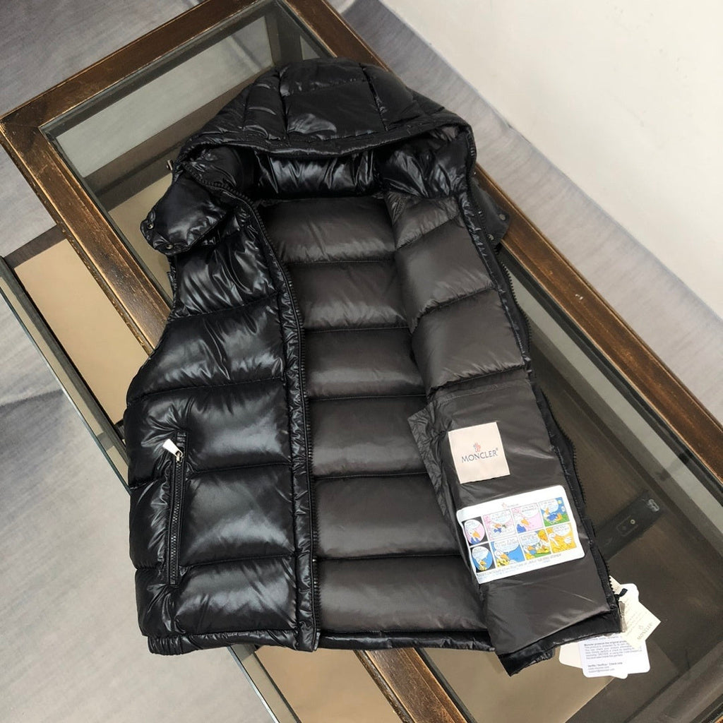 Moncler Hooded Puffer Vest in Black with Glossy Finish