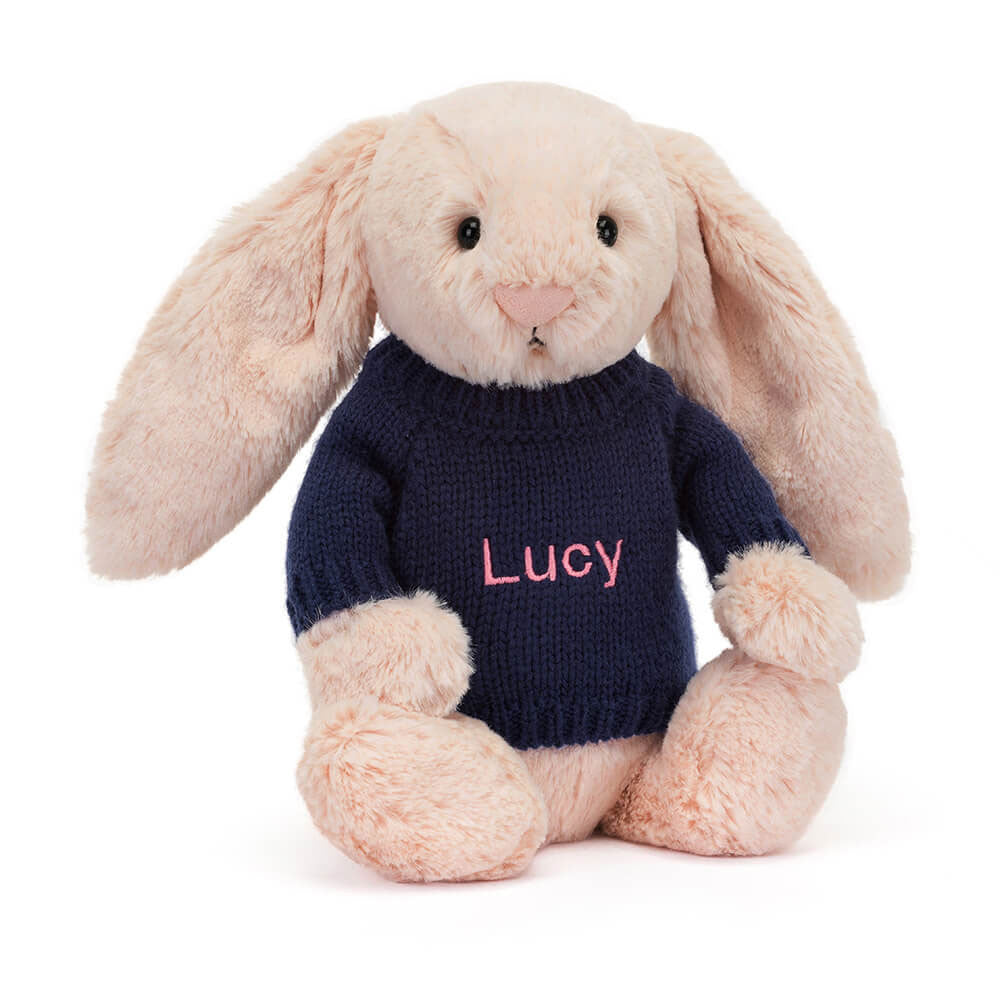 Bashful Blush Bunny with Personalized Navy Jumper