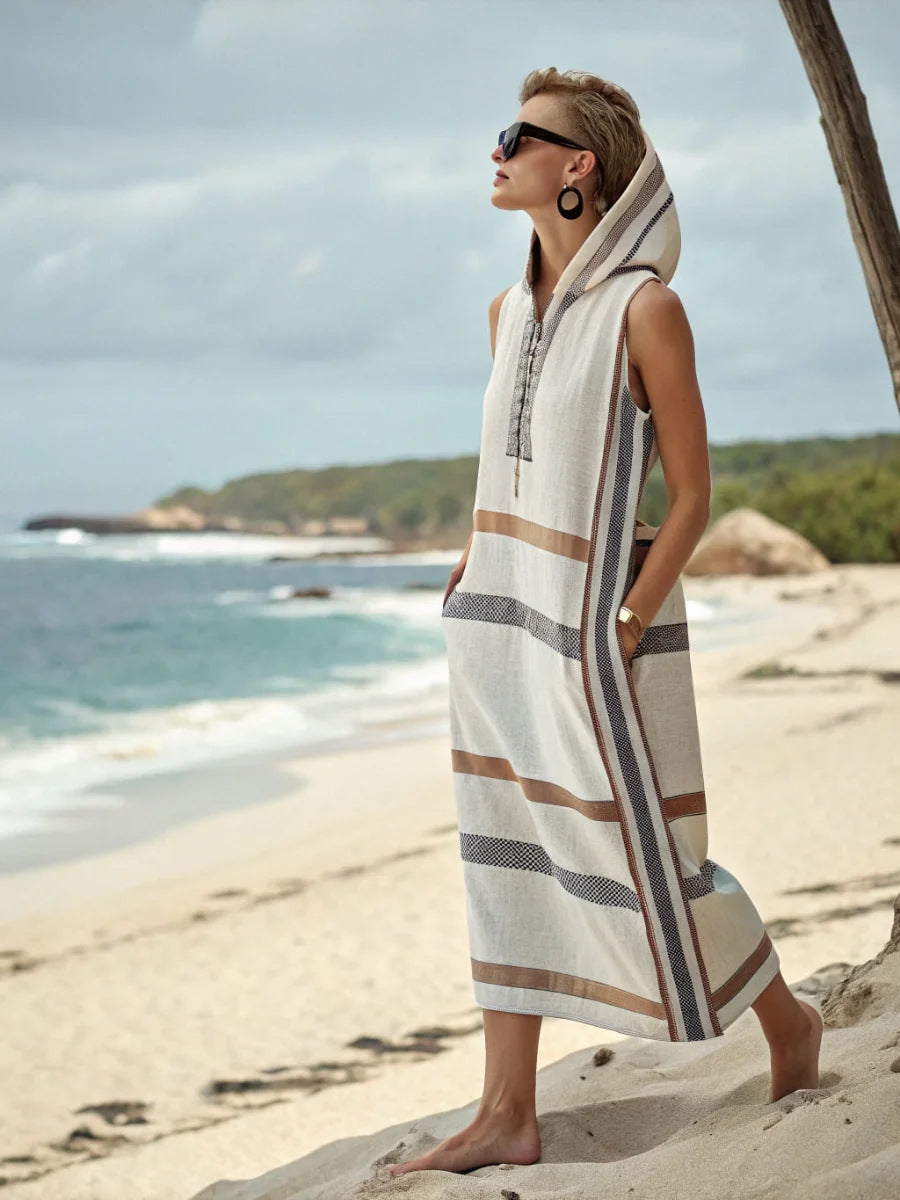 Women's Hooded Striped-Trim Sleeveless Maxi Beach Cover-Up