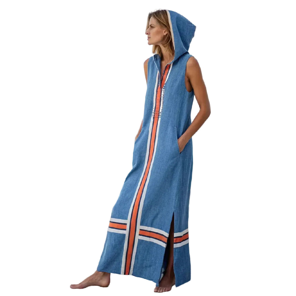 Women's Hooded Striped-Trim Sleeveless Maxi Beach Cover-Up