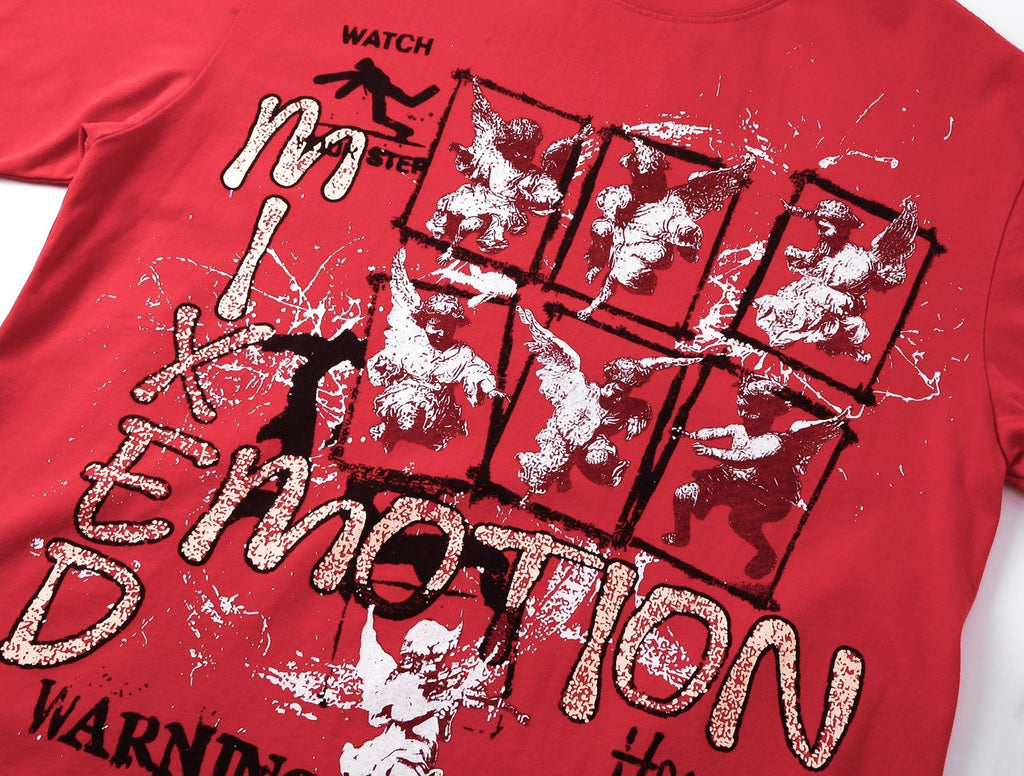 MIXED EMOTION Washed Red Front & Back Graphic T-Shirt