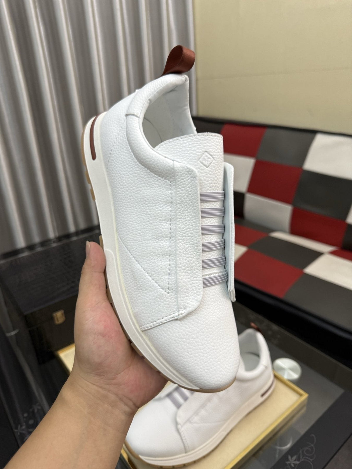 Men's White Slip-On Sneakers with Gray Bands