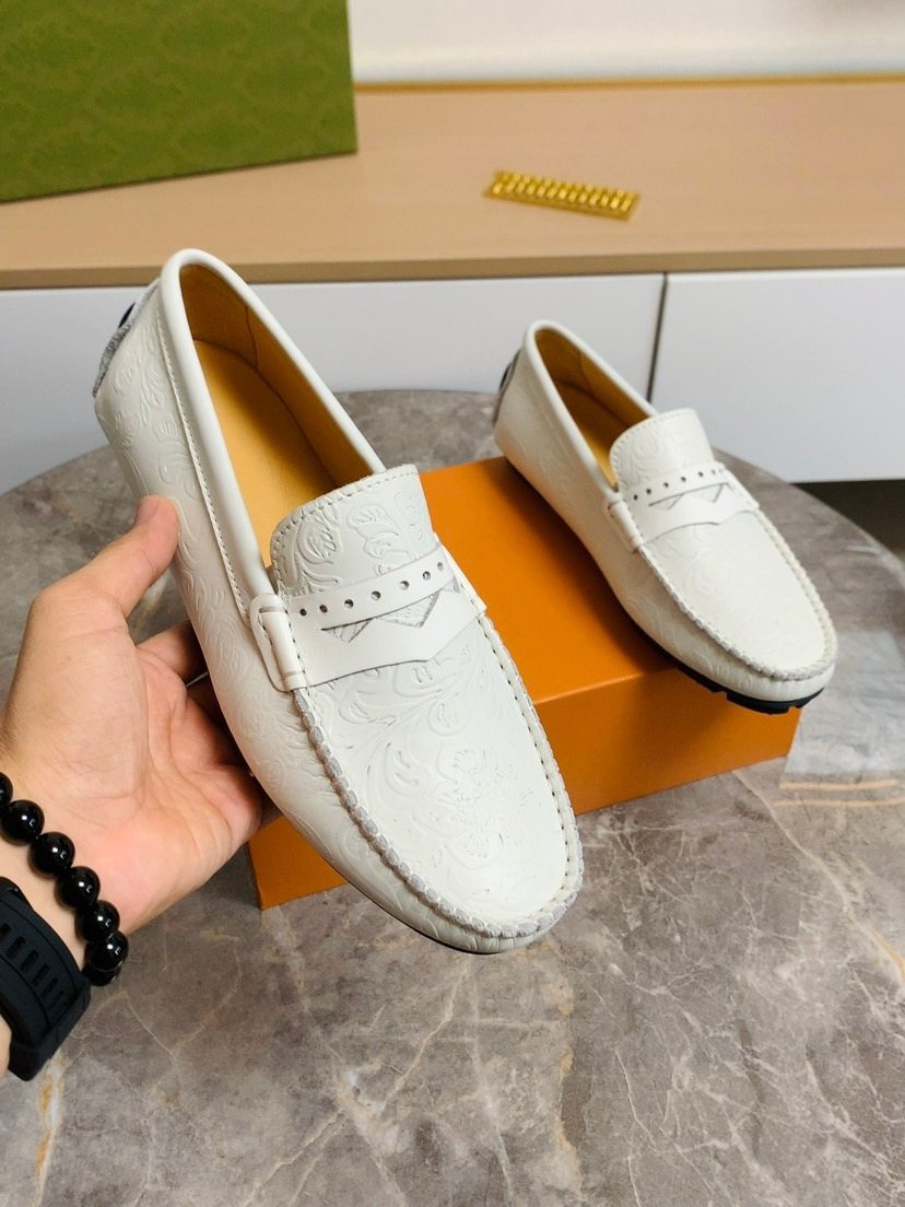 Louis Vuitton Men's White Leather Moc-Toe Loafers